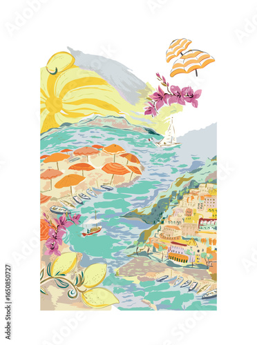 Amalfi Coast Aesthetic, Hand Illustrated Print, 