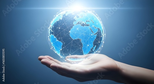 Photorealistic image of a softly lit hand holding a glowing digital globe with translucent blue continents and white network lines, symbolizing global connectivity and modern technology.