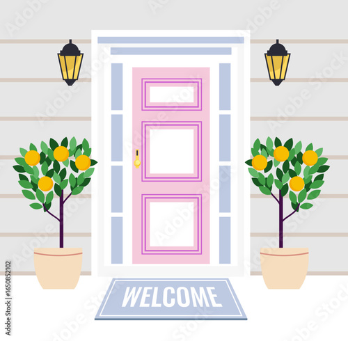 welcome front door mat cartoon style house exterior part wiping shoes entrance rug inscription lemon trees home apartment facade architectural background concept