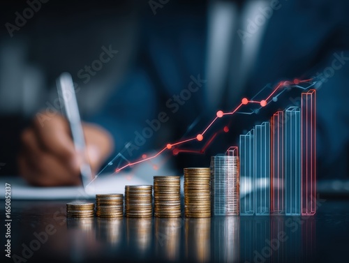 Business strategy success Cost and quality control for effective management Achieving goals, Businessman analyzing growth graph and cost reduction, Success business growth for long-term investments.