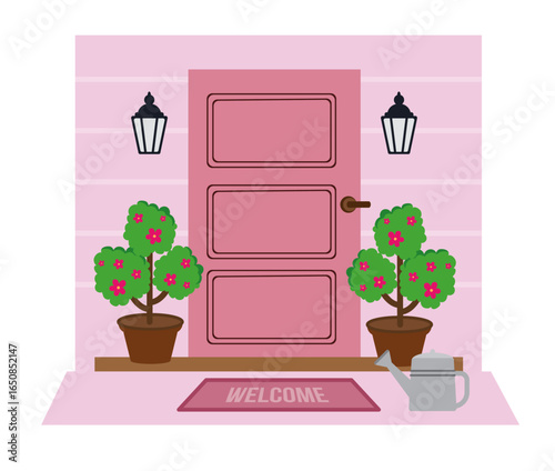 welcome front door mat cartoon style house exterior part wiping shoes entrance rug inscription lemon trees home apartment facade architectural background concept