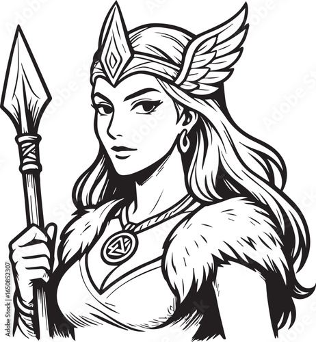 Tattoo design of a Valkyrie with a spear and winged helmet