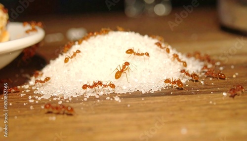 Ants on sugar pile on wooden surface