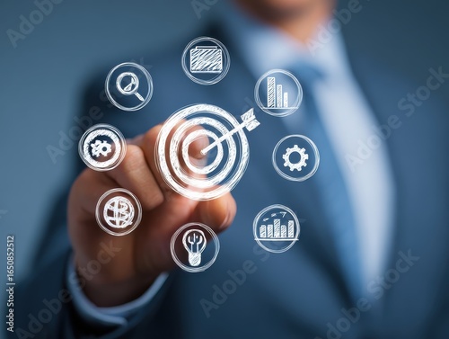 Businessman holding goal icon represent strategic planning, Success. Teamwork, Business strategy, Growth, Marketing focus, Investment planning, Leadership mindset aimed at achieving long-term success.