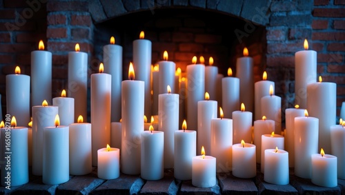 Group of white candles lit and placed on brick fireplace or wall, creating a warm and peaceful ambiance.