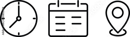 Time, date and address icon set. Map and notification bell icons. Calendar, clock, map pin, reminder. Notice alert, Notification, schedule, time clock vector illustration
