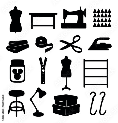 Sewing tools silhouettes: mannequins, scissors, iron, measuring tape, machine