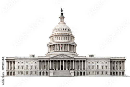 Front view of a large, light-colored government building.  Domed structure,  classic architectural style