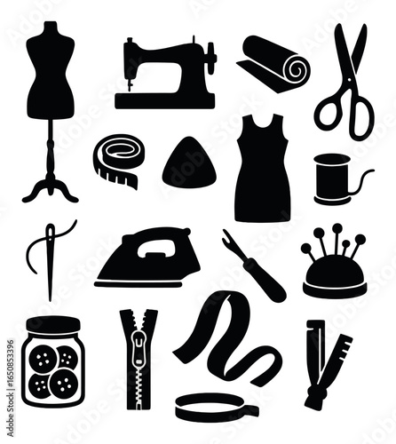 Sewing tools and icons collection featuring sewing machine and dress form