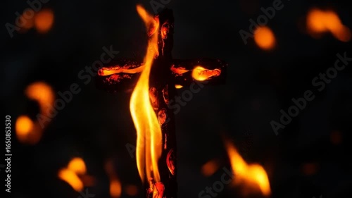 Burning Christian Cross on Dark Background: A Symbol of Faith and Religion