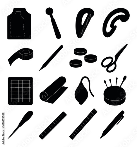 Silhouette of sewing tools: scissors, measuring tape, pins, seam ripper, fabric cutter