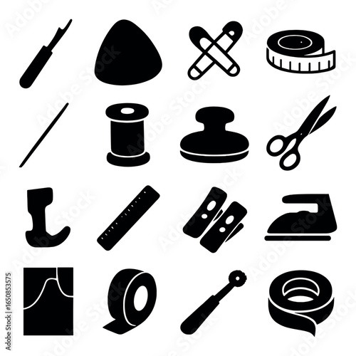 Sewing tools and accessories silhouettes on gray background