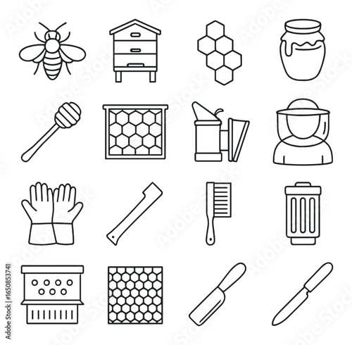 Beekeeping icons set: tools, equipment, honeycomb, bee, hive, honey jar, protective gear