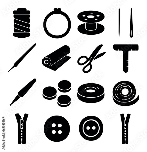 Sewing tools and accessories: threads, needles, buttons, scissors, zipper icons