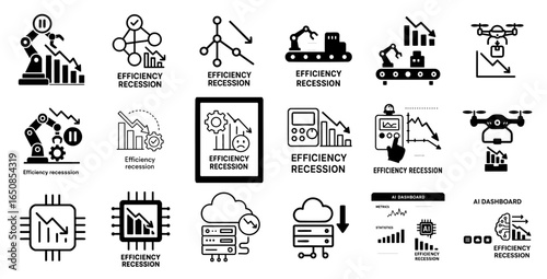 efficiency recession concept. Icons representing efficiency, recession, and technology in industry.