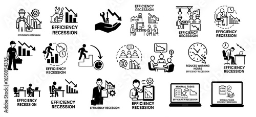 efficiency recession concept. Business icons representing efficiency and recession themes.