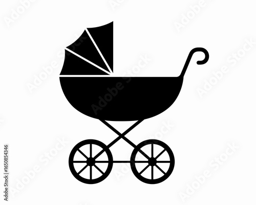 Classic baby carriage silhouette isolated on white background