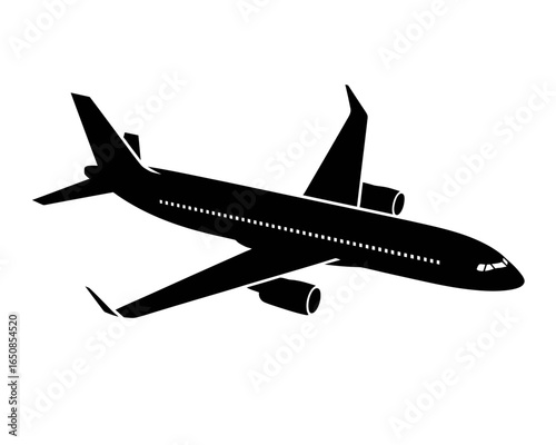 Black silhouette of a modern passenger airplane flying isolated on white background