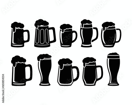 Collection of diverse beer glasses and mugs with frothy heads silhouette isolated on white background