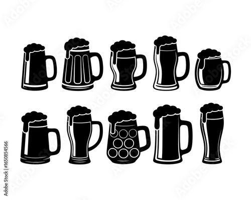 Collection of ten different beer mugs and glasses silhouette isolated on white background