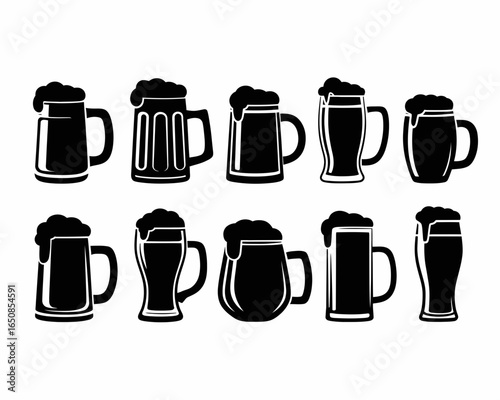 Collection of diverse beer mugs and glasses with foamy heads silhouette isolated on white background