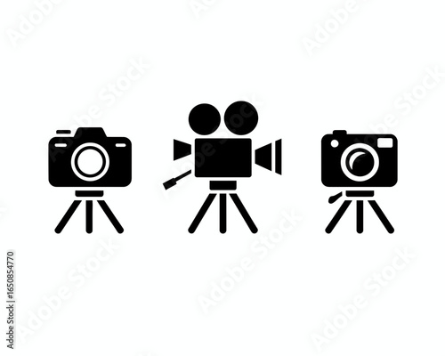 Three black camera icons including a film camera and two still cameras on tripods isolated on white background silhouette