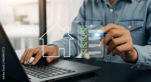 Digital Home Inspection Concept with Hands Typing on Laptop and Pointing to Holographic Checklist with Green Checkmarks