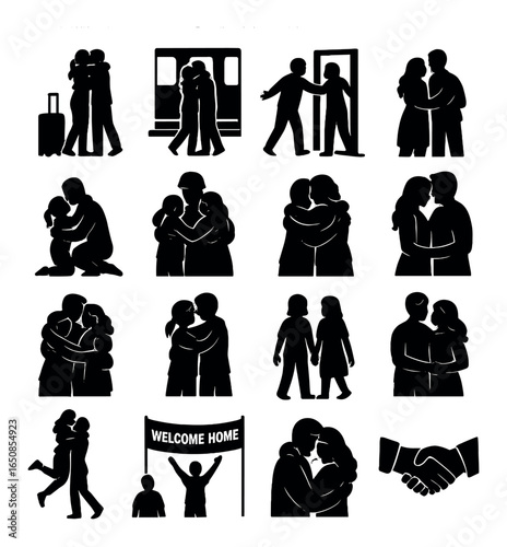 Silhouette reunion scenes: embracing couples, families, and friends in various welcoming poses