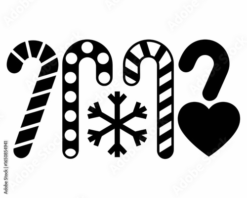 Collection of christmas candy canes snowflake and heart silhouette isolated on white background