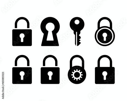 Collection of black lock and key silhouette icons isolated on white background