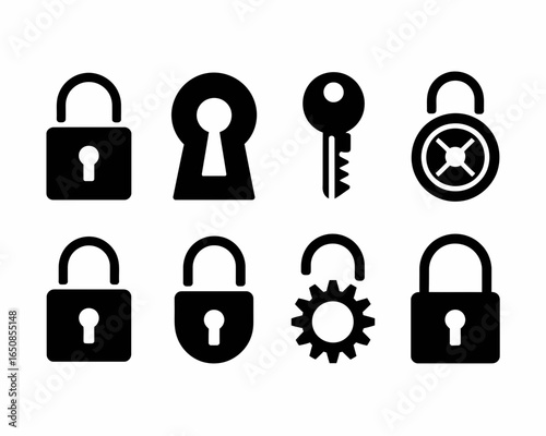 Collection of black lock and key icons silhouette isolated on white background