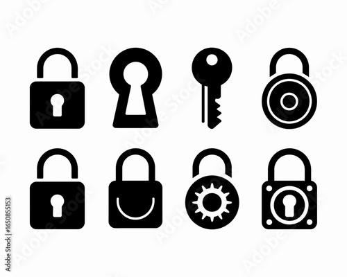 Collection of security icons featuring locks and a key silhouette isolated on white background