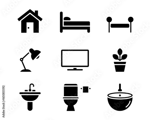Collection of household furniture and fixtures icons silhouette isolated on white background