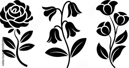 Collection of three stylized floral silhouettes isolated on white background