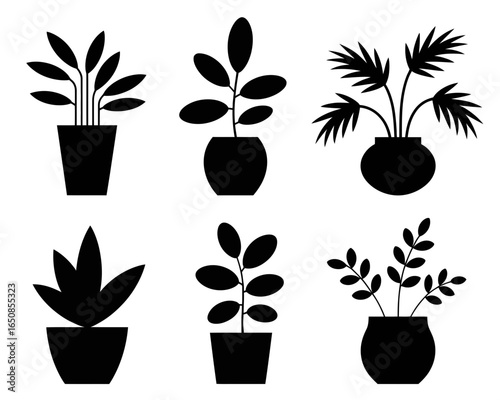 Collection of six potted plant silhouettes isolated on white background
