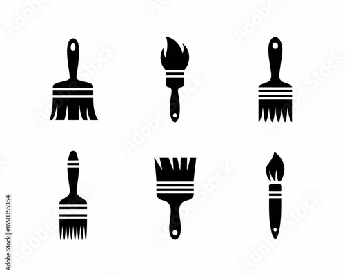 Collection of six paint brush silhouettes isolated on white background