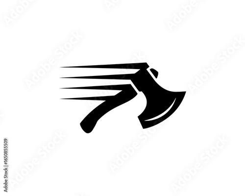 Black silhouette of a fast moving axe with motion lines isolated on white background