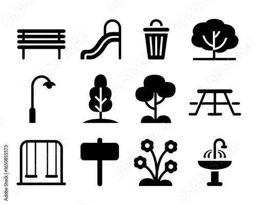 Collection of park and playground icons silhouette isolated on white background