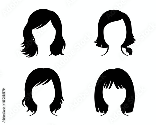 Four black silhouette hairstyles for women isolated on white background silhouette