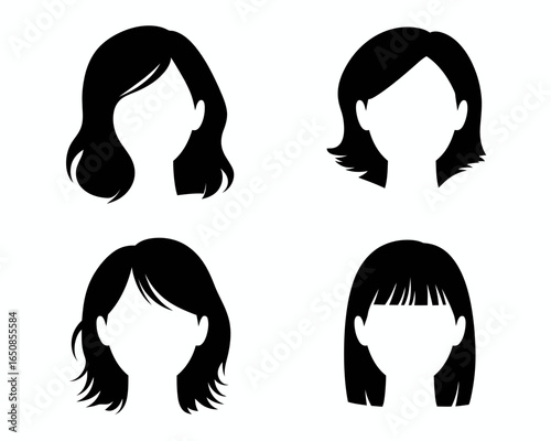 Four distinct female hairstyle silhouettes isolated on white background silhouette