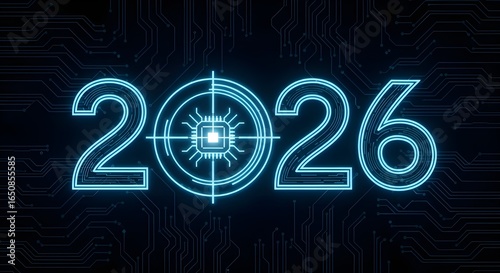 Futuristic photorealistic image of the year “2026” in glowing electric blue font with a target-style “0” and subtle circuit board background representing digital advancement.