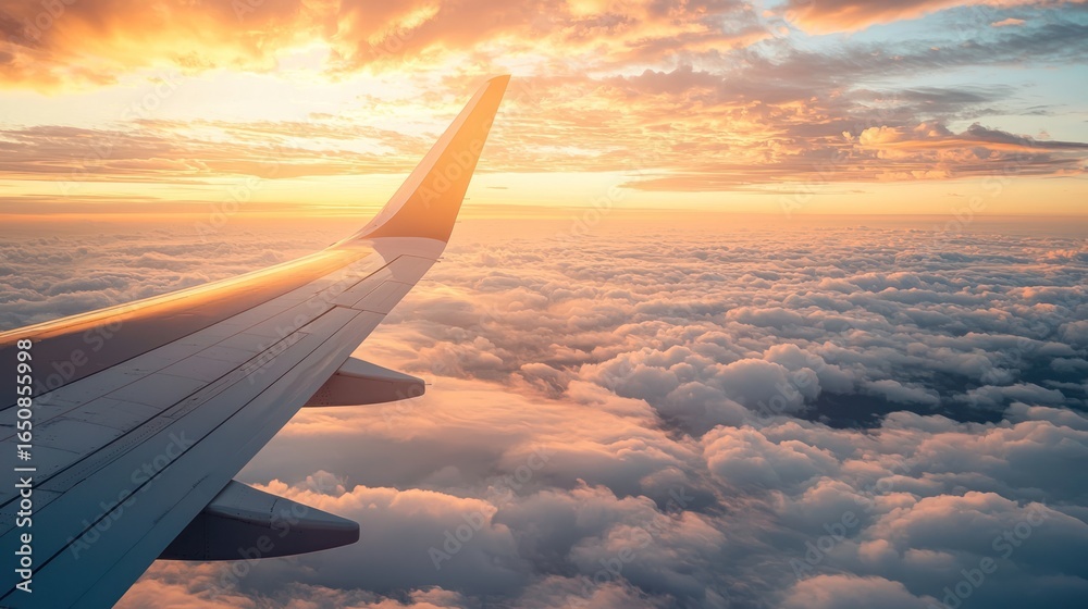 Obraz premium A plane wing above the clouds during sunset