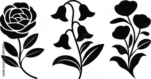 Three stylized floral silhouettes including a rose and bellflowers isolated on white background silhouette