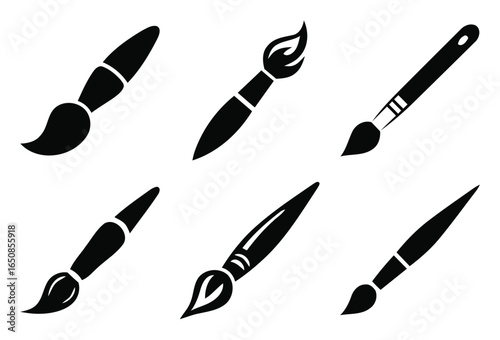 Collection of six diverse paintbrush silhouettes isolated on white background