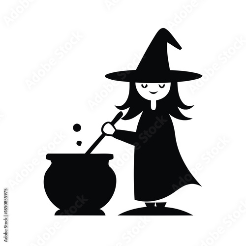 Cartoon witch stirring a cauldron silhouette isolated on white background