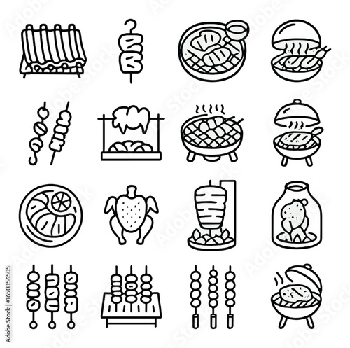 Barbecue icons set: grilled kebabs, skewers, chicken, meat dishes, outdoor cooking