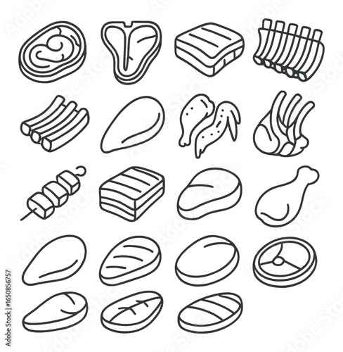 Hand-drawn meat cuts illustration featuring various raw meat types