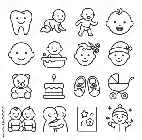 Baby icons: smiling faces, objects, and activities in minimalist design