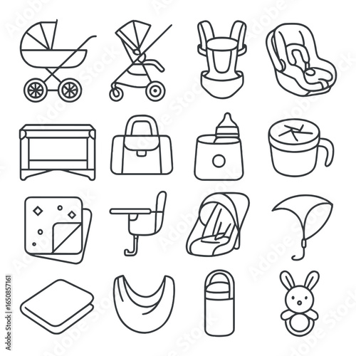 Baby essentials icons set: stroller, car seat, bassinet, bib, bottle, blanket, duck toy