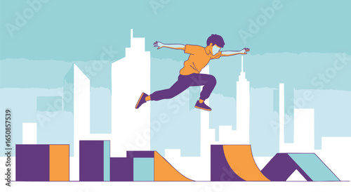 Vector illustration of a dynamic athlete performing parkour, jumping over obstacles in a modern urban cityscape
